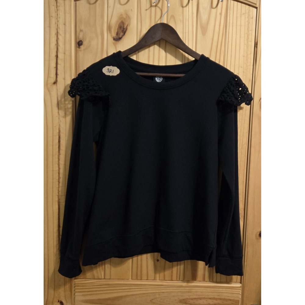 Bobeau Womens‎ Black Long Sleeve Eyelet Lace Ruffle Shoulder Sweatshirt Size M